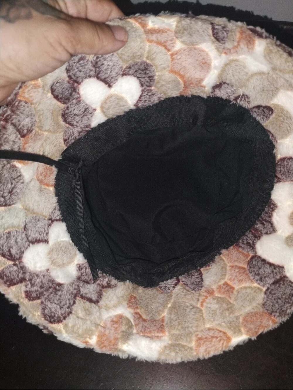 Vintage Floral Faux Fur Bucket Hat Brown White Shaggy Fuzzy Winter Festival